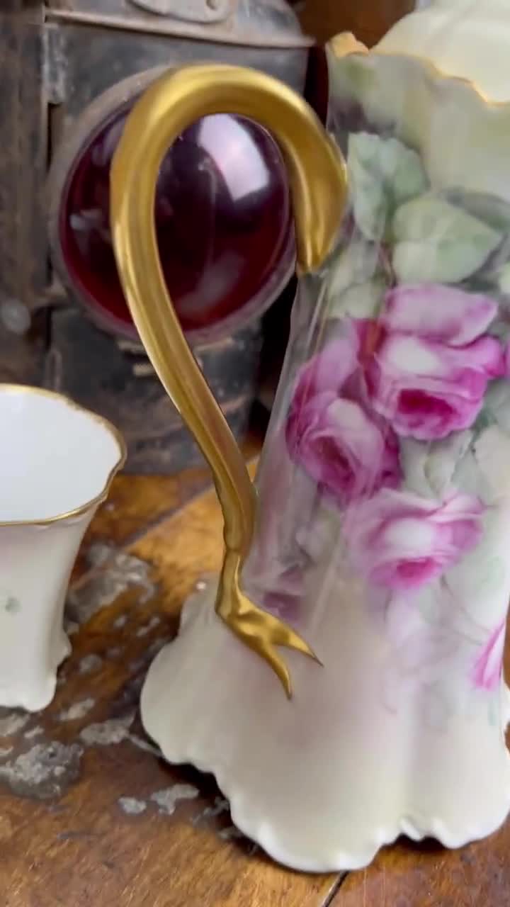 Haviland Limoges France Chocolate Pot Set Pink Cabbage Roses