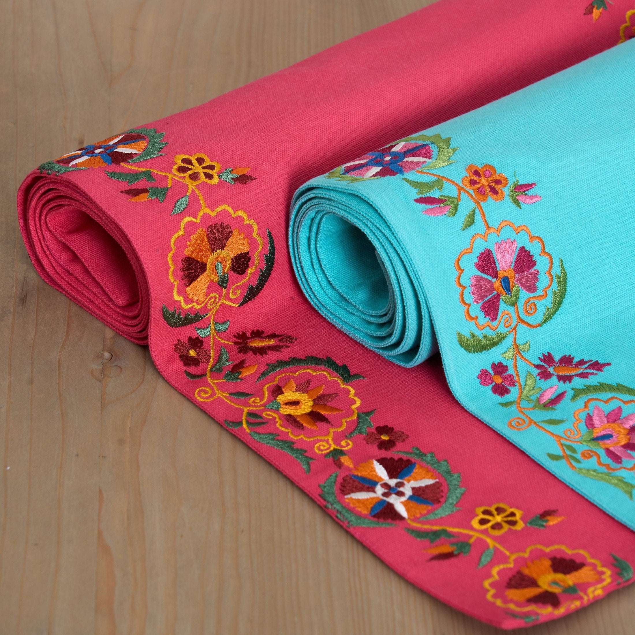 KASHIDAKAARI - Coral Red Table runner, embroidered floral suzani patte