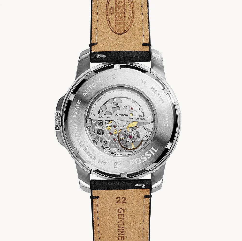 Fossil Grant Automatic Skeleton White Dial Black Leather Strap