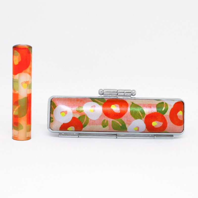 印鑑・ケースセット 椿あそび 赤/朱色印面 (印材：12.0mm ケース：12.0