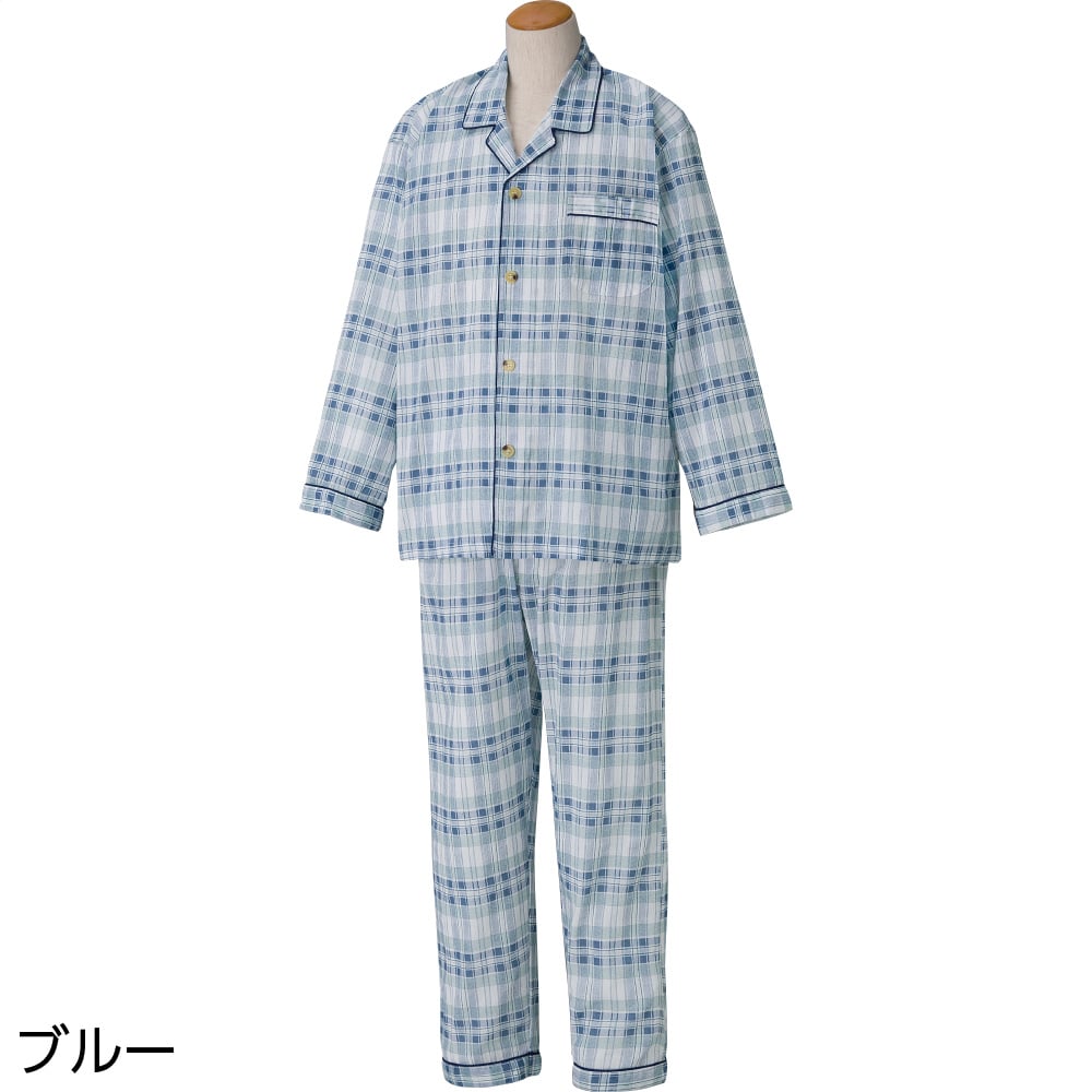ケアファッションオンラインワンタッチ楊柳パジャマ(紳士)(M ブルー