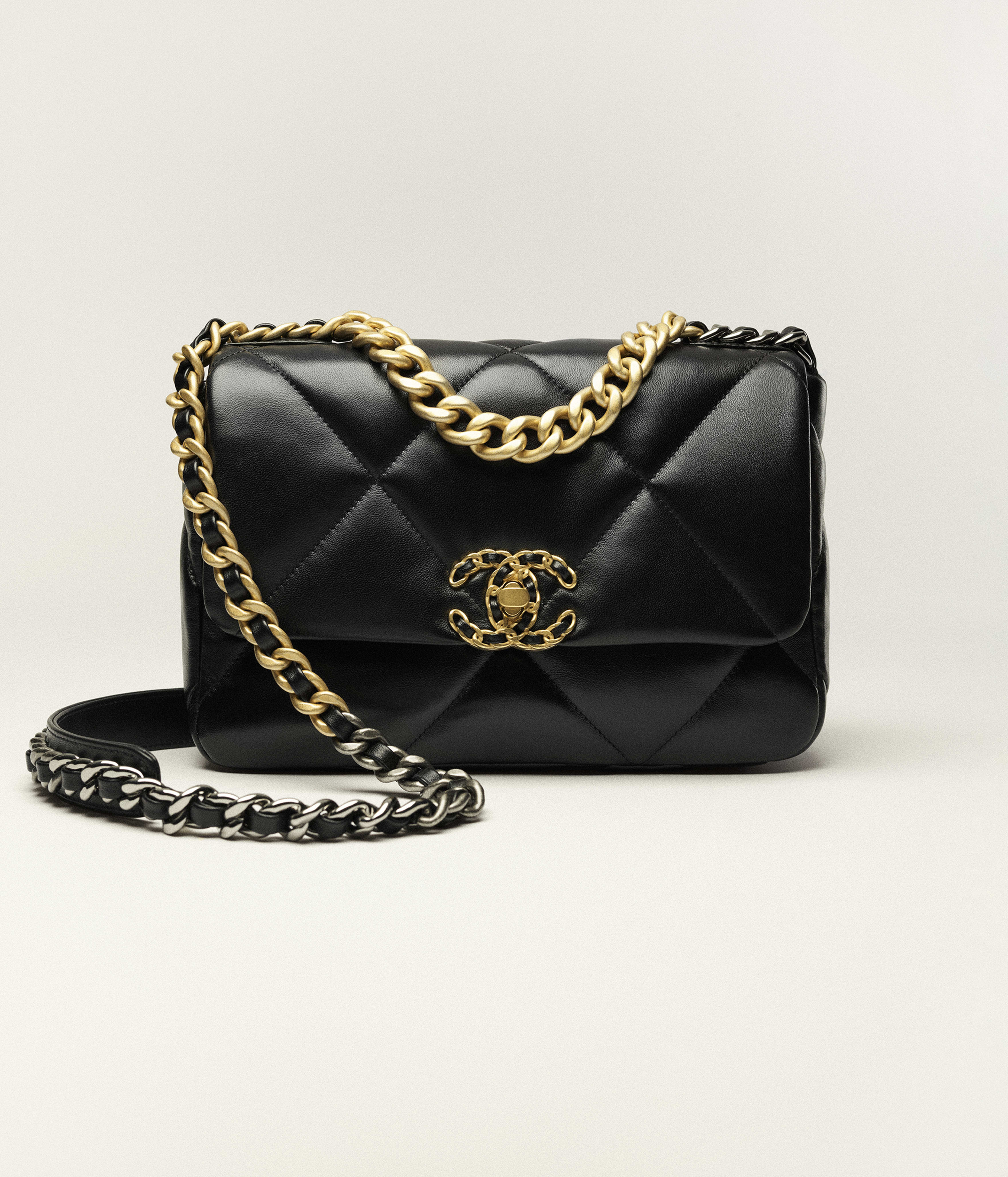 Chanel 19 handbag, Shiny lambskin, gold-tone, silver-tone