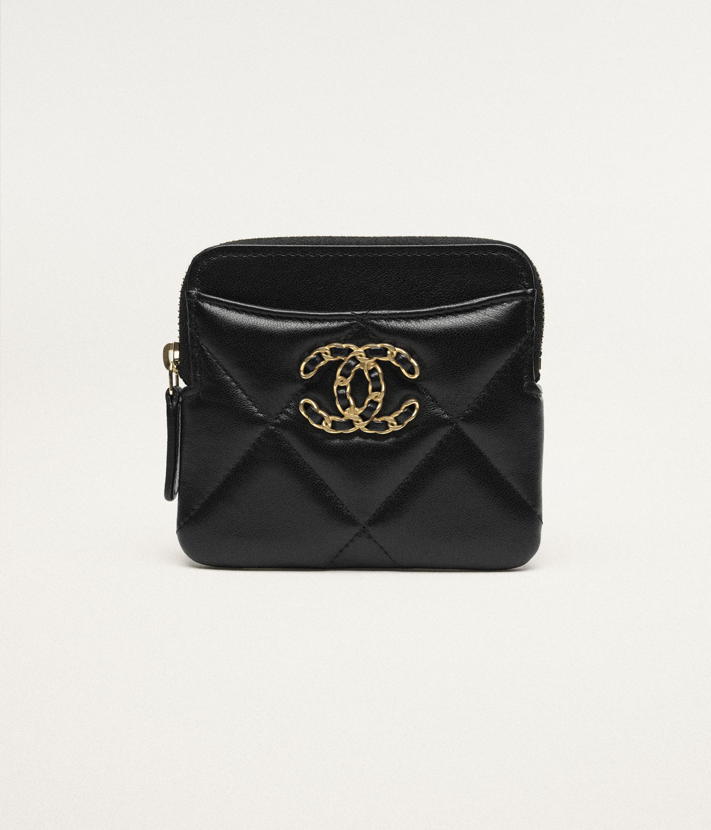 Chanel 19 ジップ コインパース - シャイニー ラムスキン、ブラック