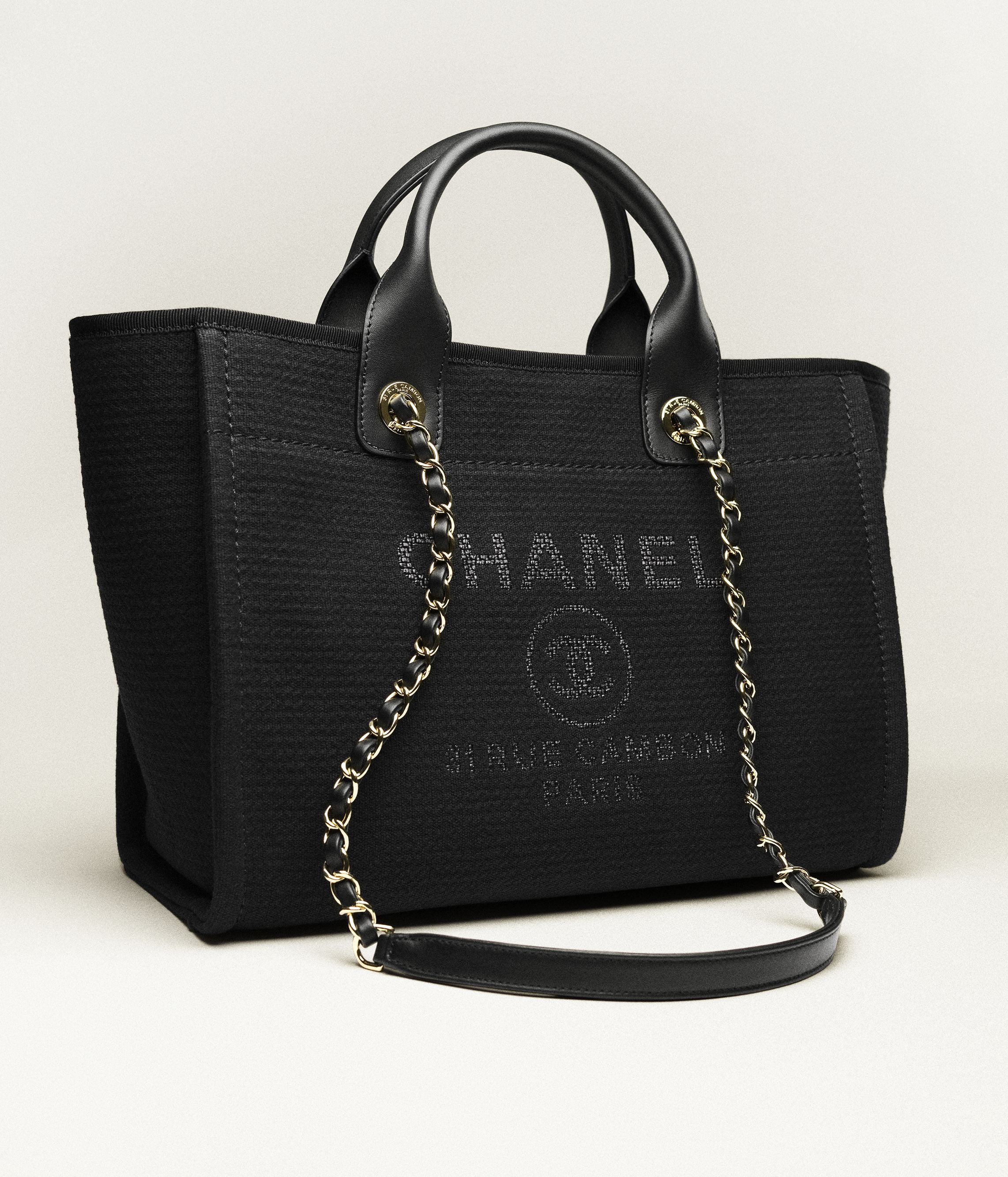 Shopping bag, Canvas & gold-tone metal, black — Fashion | CHANEL