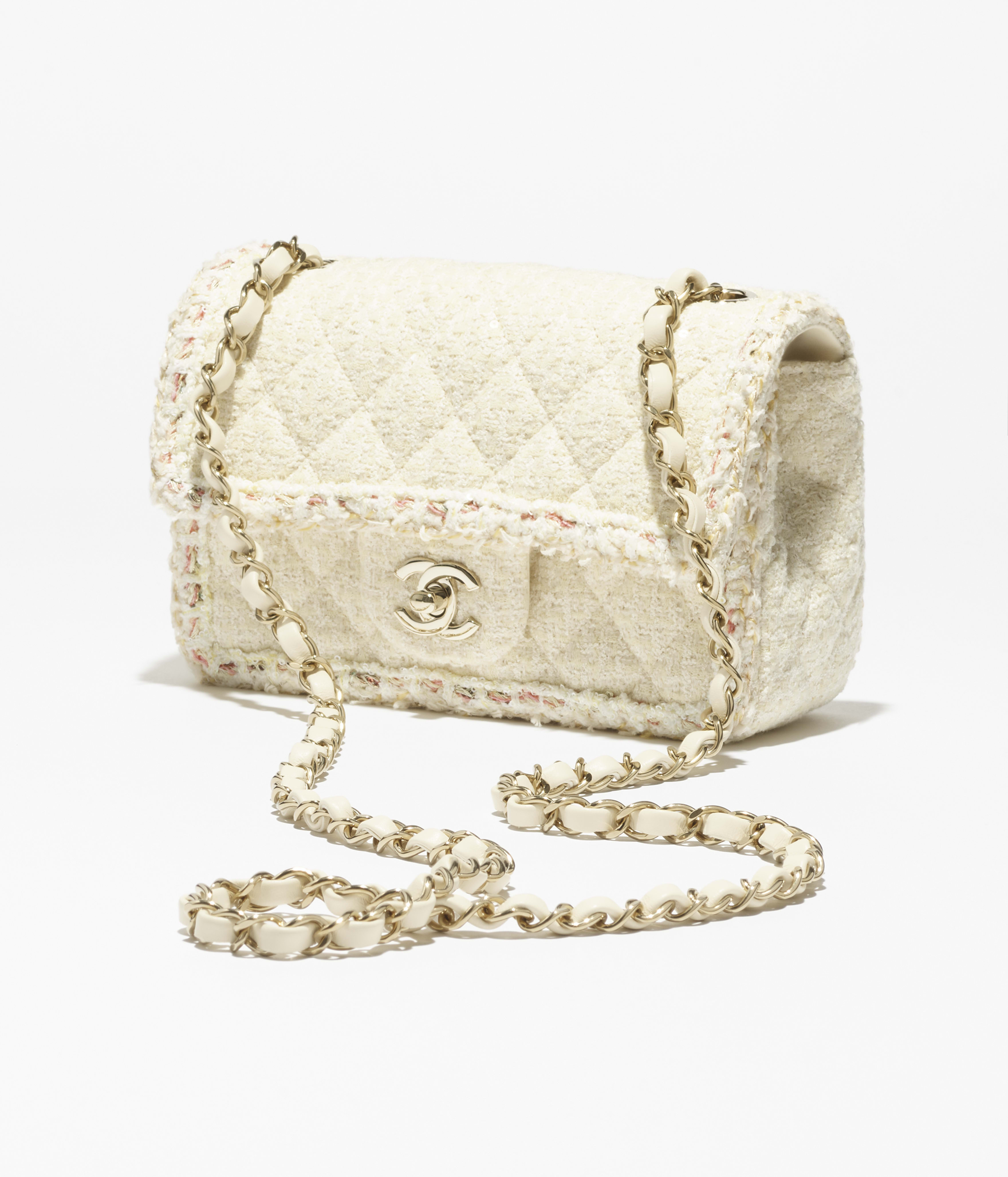 Mini classic handbag, Tweed & gold-tone metal, light yellow