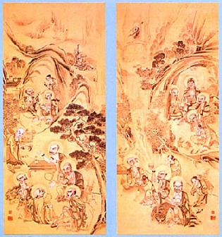 紙本墨画淡彩 十六羅漢図 双幅 | 平塚市