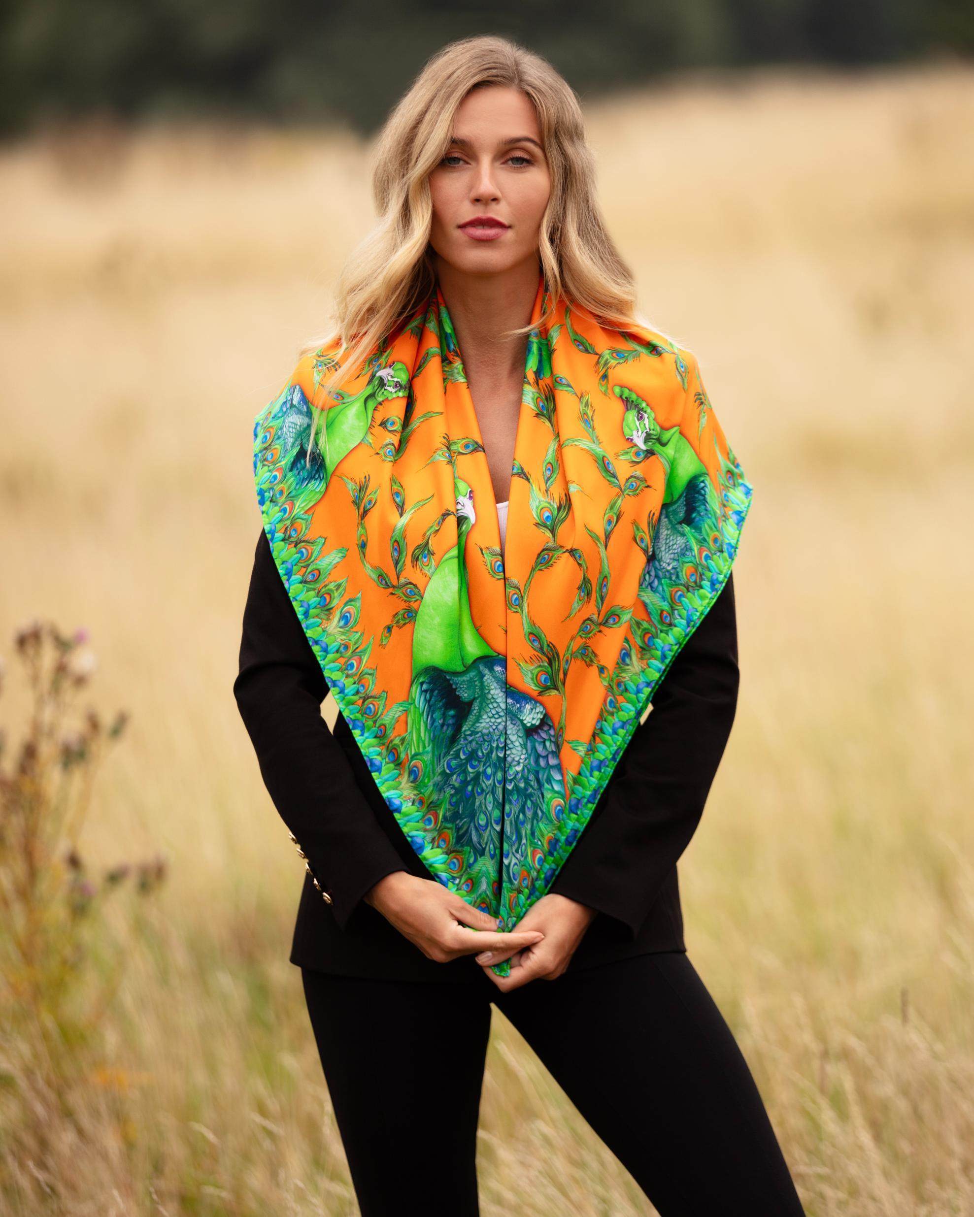 Clare Haggas Pluming Marvellous Macarena Orange Large Square Silk