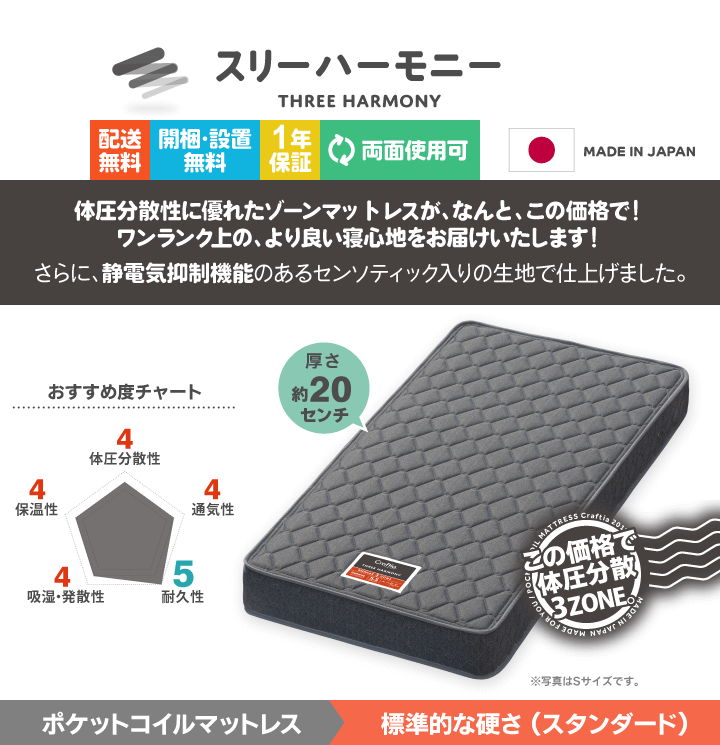 日本製 ポケットコイル マットレス スリーハーモニー シングルショート