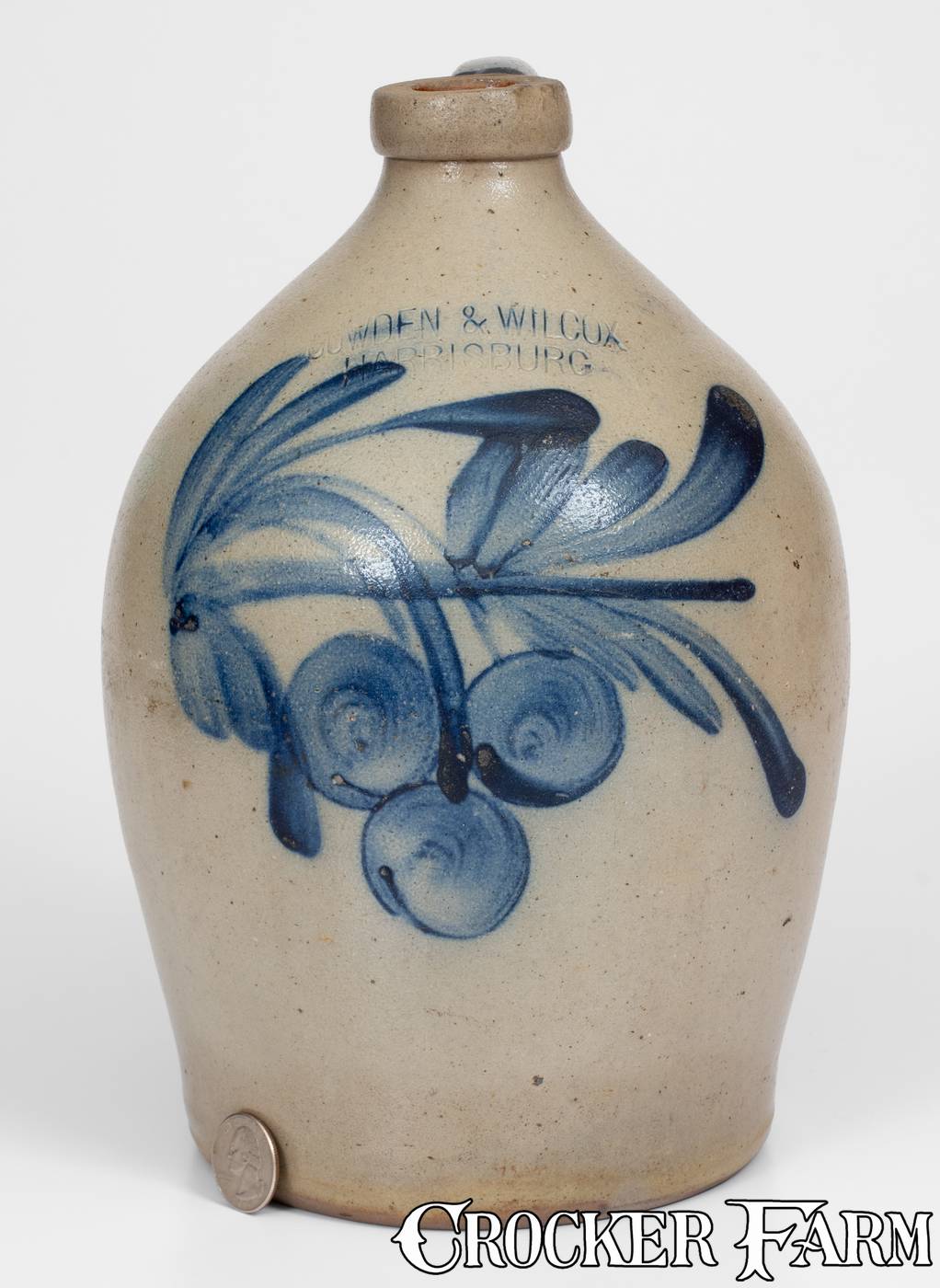 Rare COWDEN & WILCOX / HARRISBURG Stoneware Jug w/ Cobalt Cherries