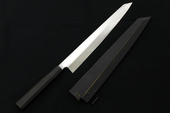 本焼佑成柳刃包丁和包丁刃紋あり黒檀黒水牛八角柄鞘付きか鏡面