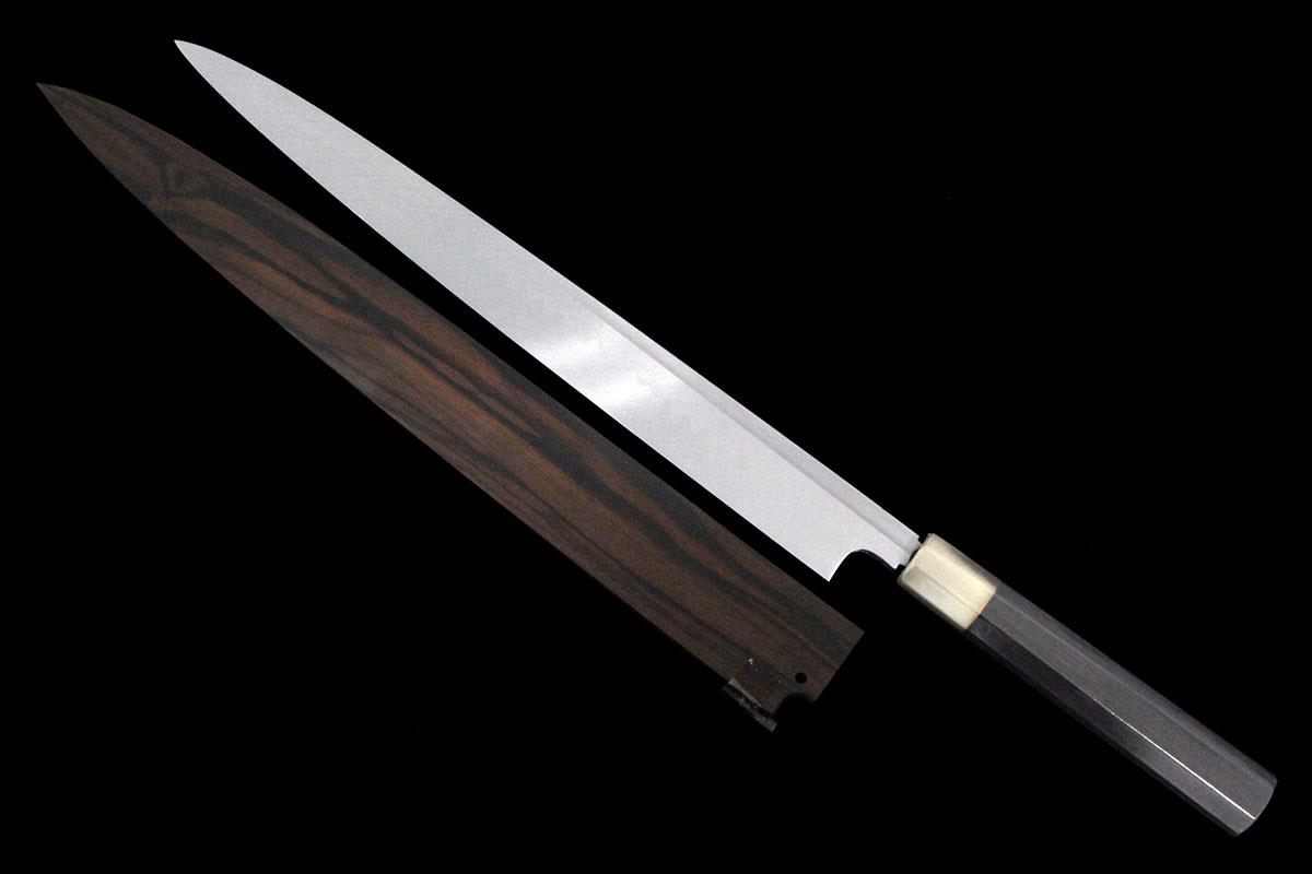 玄海正國 柳刃包丁 本焼 尺一 平鏡面 黒檀柄 黒檀鞘・ケース付 KN02