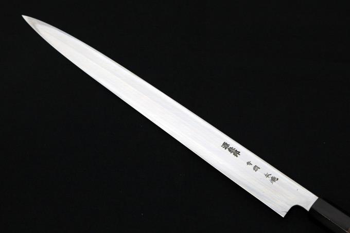 河豚引包丁 尺 本焼 青鋼 水牛黒檀八角柄 名入 黒塗鞘・袱紗付 【O570