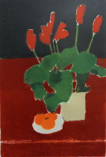 赤いシクラメンと柿 | ベルナール・カトラン 買取・作品 | 洋画、絵画