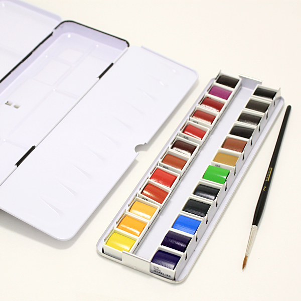 セヌリエ水彩絵具 ハーフパン 24色セット メタルケース入り 丸筆付き