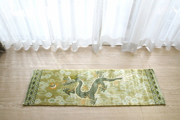 シルク緞通玄関マット 140Line Premium 吉祥龍 38×122cm グリーン