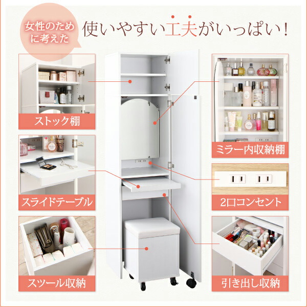 2口コンセント付き 全身ミラーになる すき間ドレッサー スツールセット
