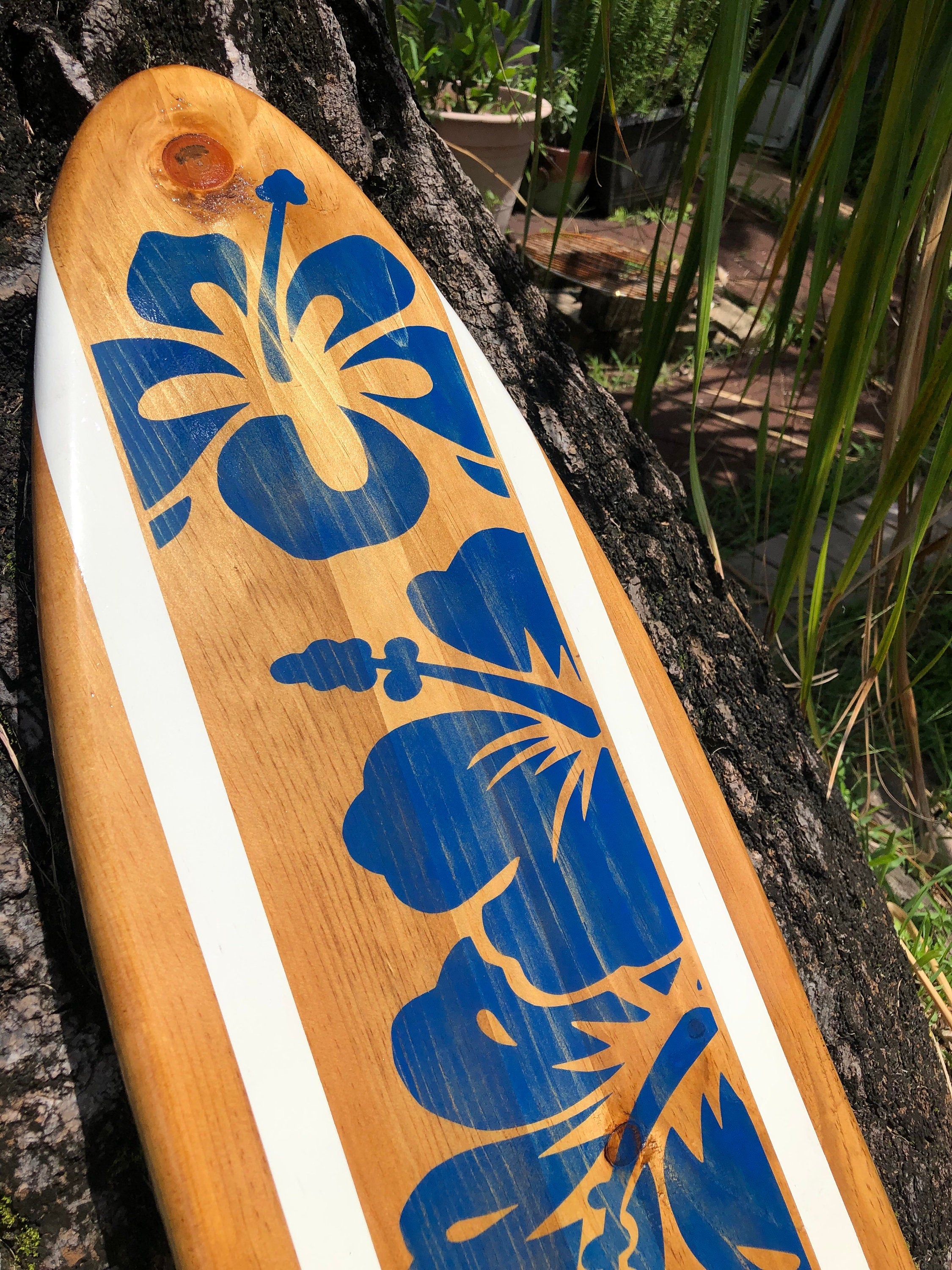 Blue Hibiscus Distressed Surfboard Wooden Wall Art- Luxury Coastal