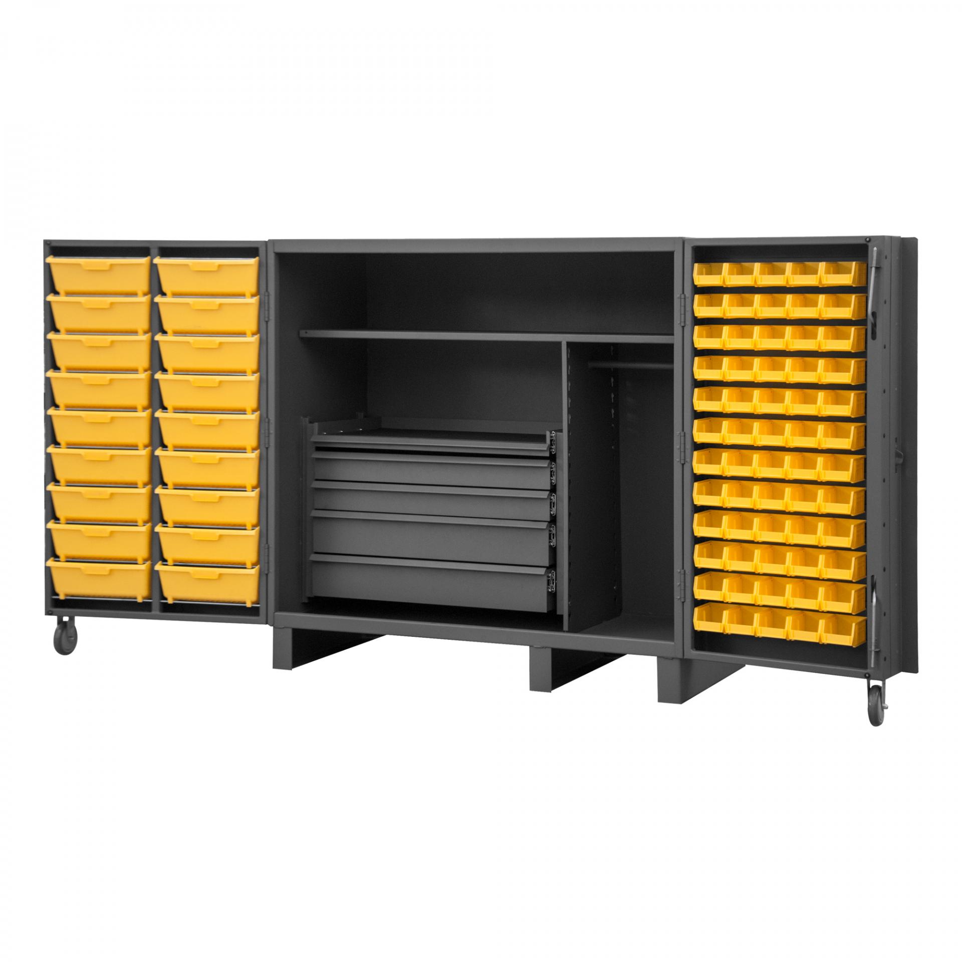 Cabinet, 12 Gauge, 2 Shelves, 60 Bins, 18 Tilt-Bins, 4 Drawer