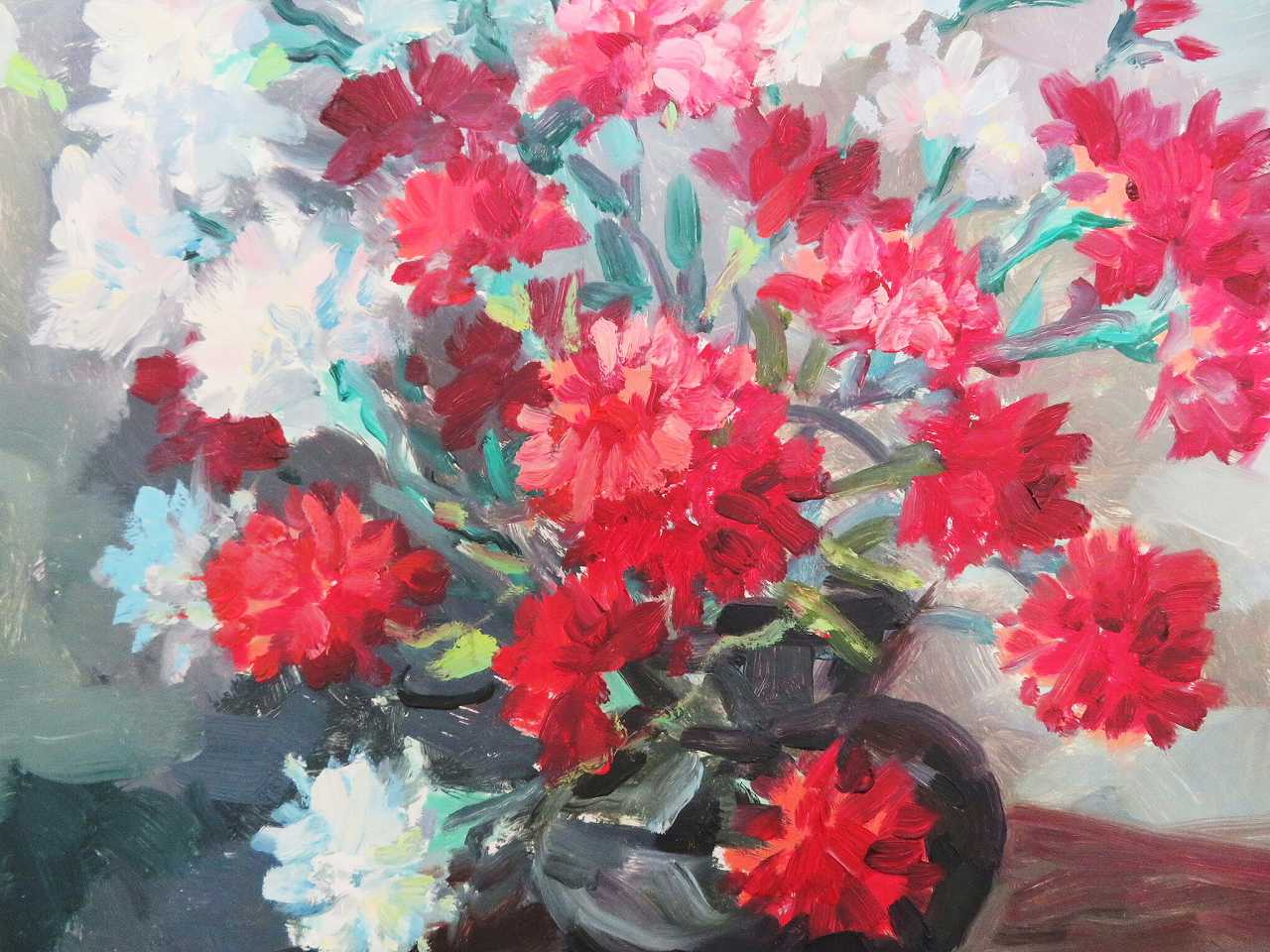 静物画油絵『花のある風景』（カーネーション） - 薔薇と天使の