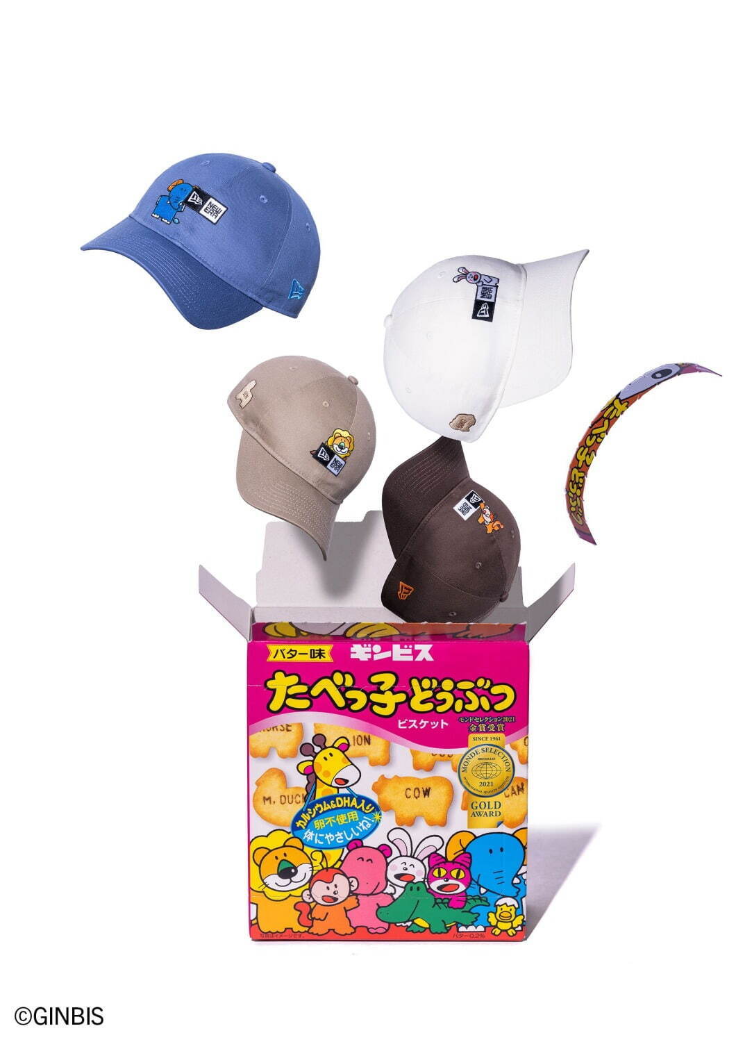 たべっ子どうぶつ×ニューエラのコラボキャップ、らいおんくんなど