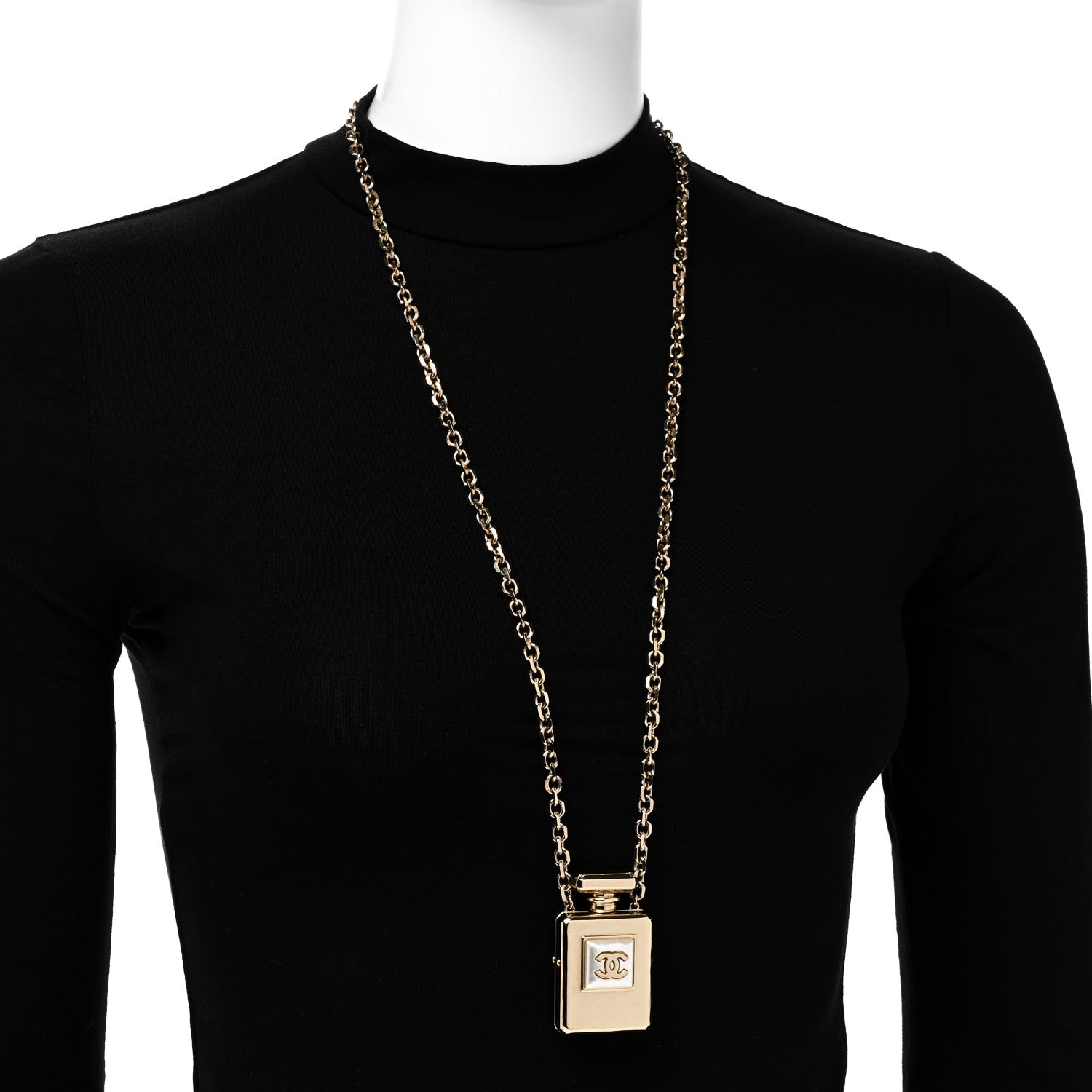Chanel Metal Pearl Perfume Bottle CC Locket Necklace Gold 1617307
