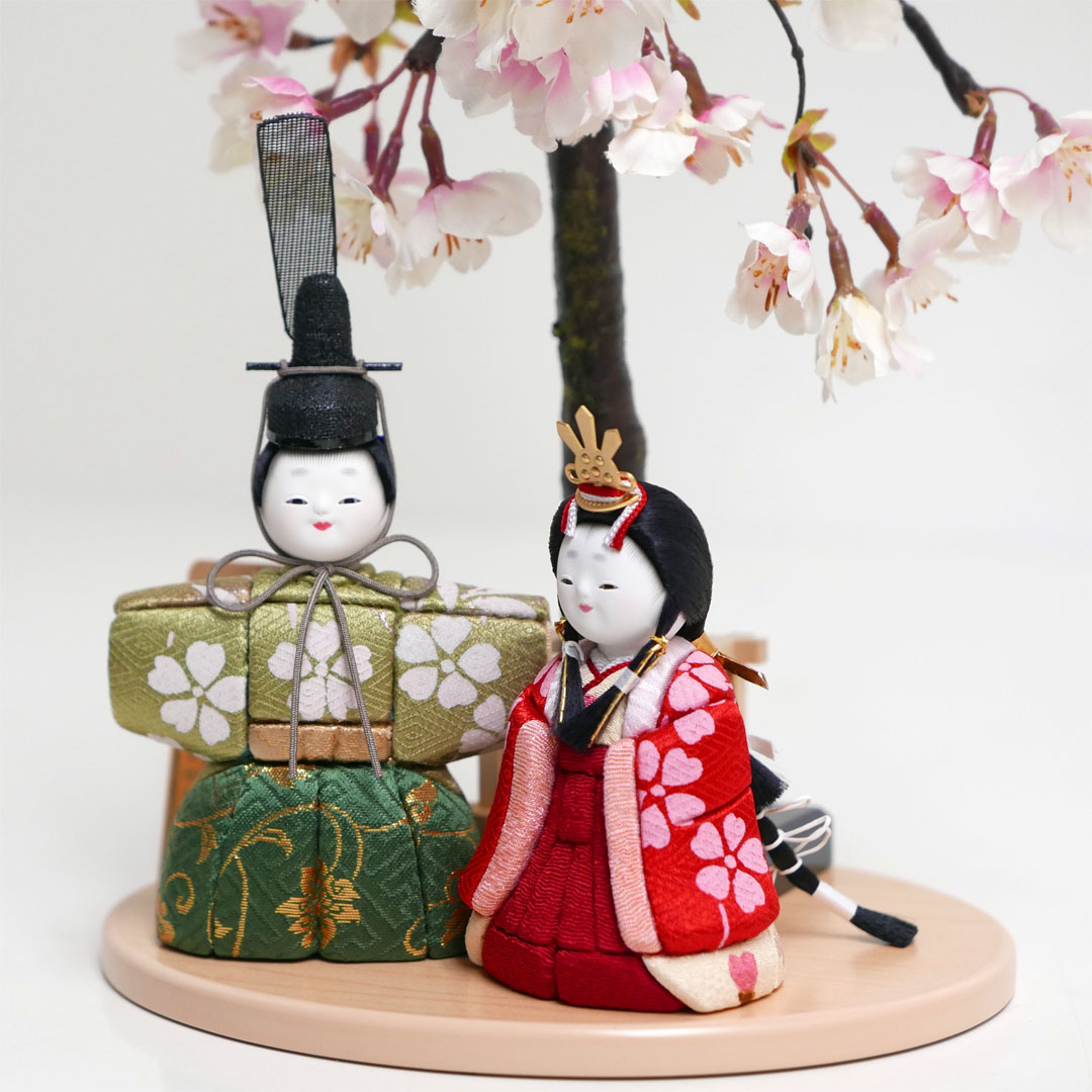 桜花柄赤緑衣装立雛木目込み人形桜飾りが安い 木目込み雛人形～広島市