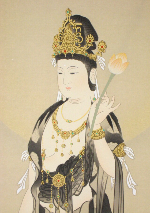 宏斎画肉筆画 紙本掛軸 【 雲上観音図 】 軸先仏具軸 良品