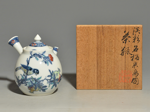二代 三浦竹泉（造）淡彩石榴果鳥図茶瓶 | 古美術ささき