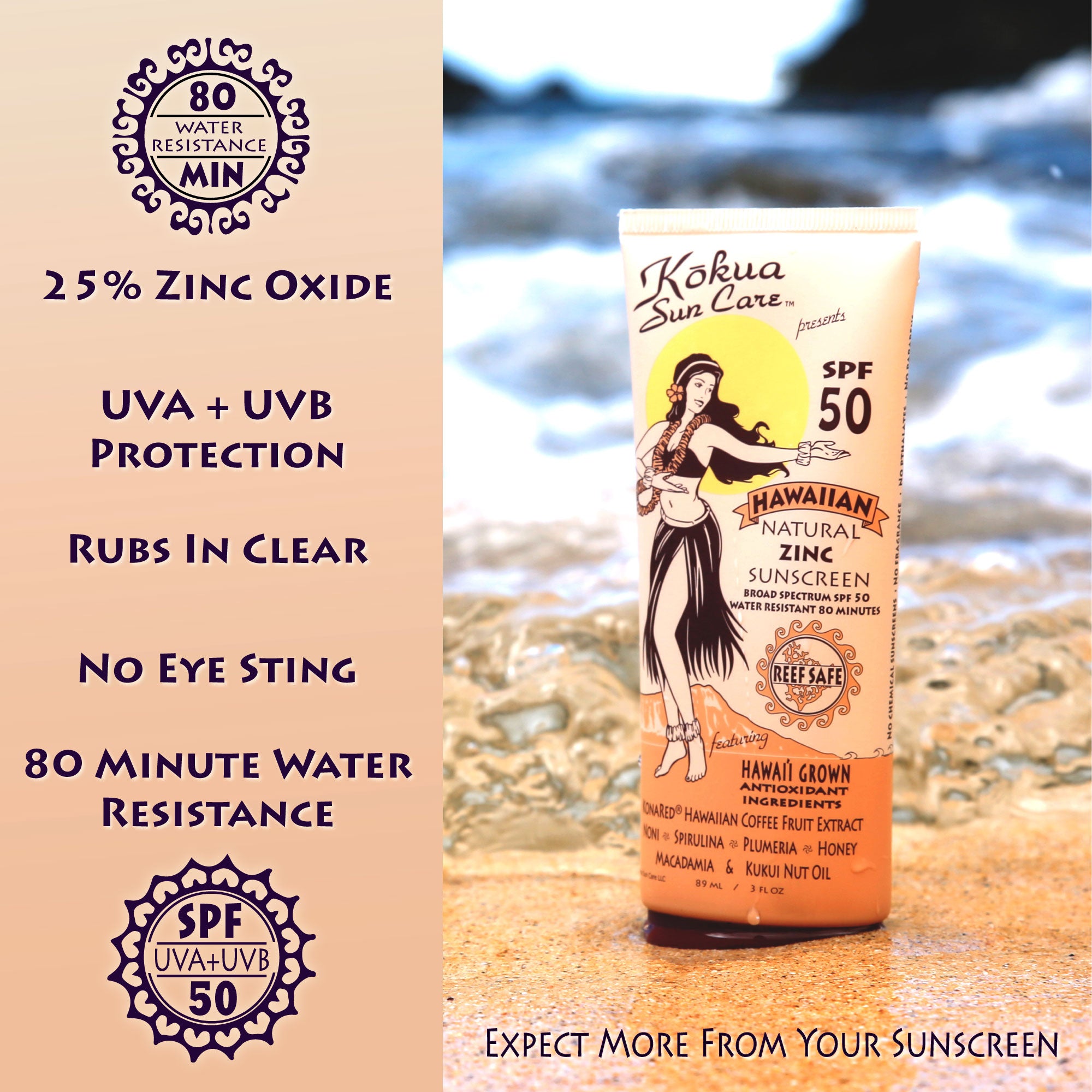 8 oz Pump Bottle HAWAIIAN NATURAL ZINC SUNSCREEN SPF 50 / 80 Min