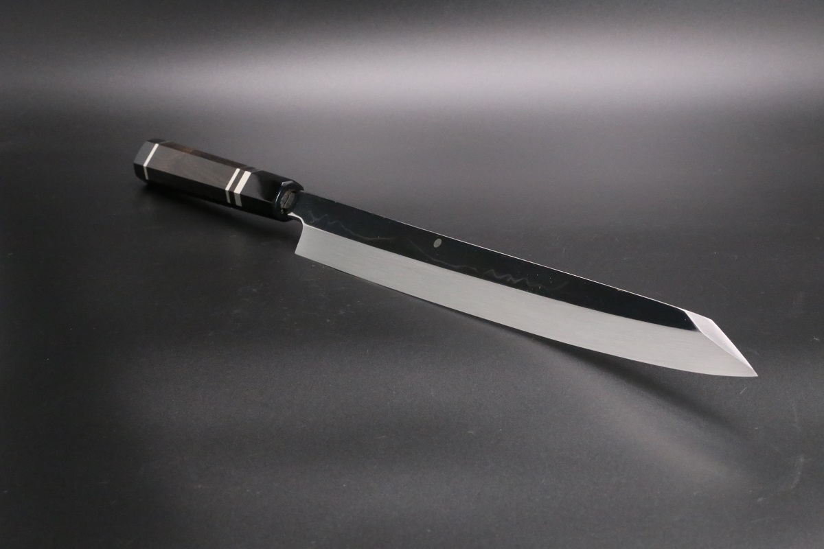 切付柳刃 白一鋼 330mm 水本焼 富士掛かり満月 両鏡面 八角黒檀柄 玄海