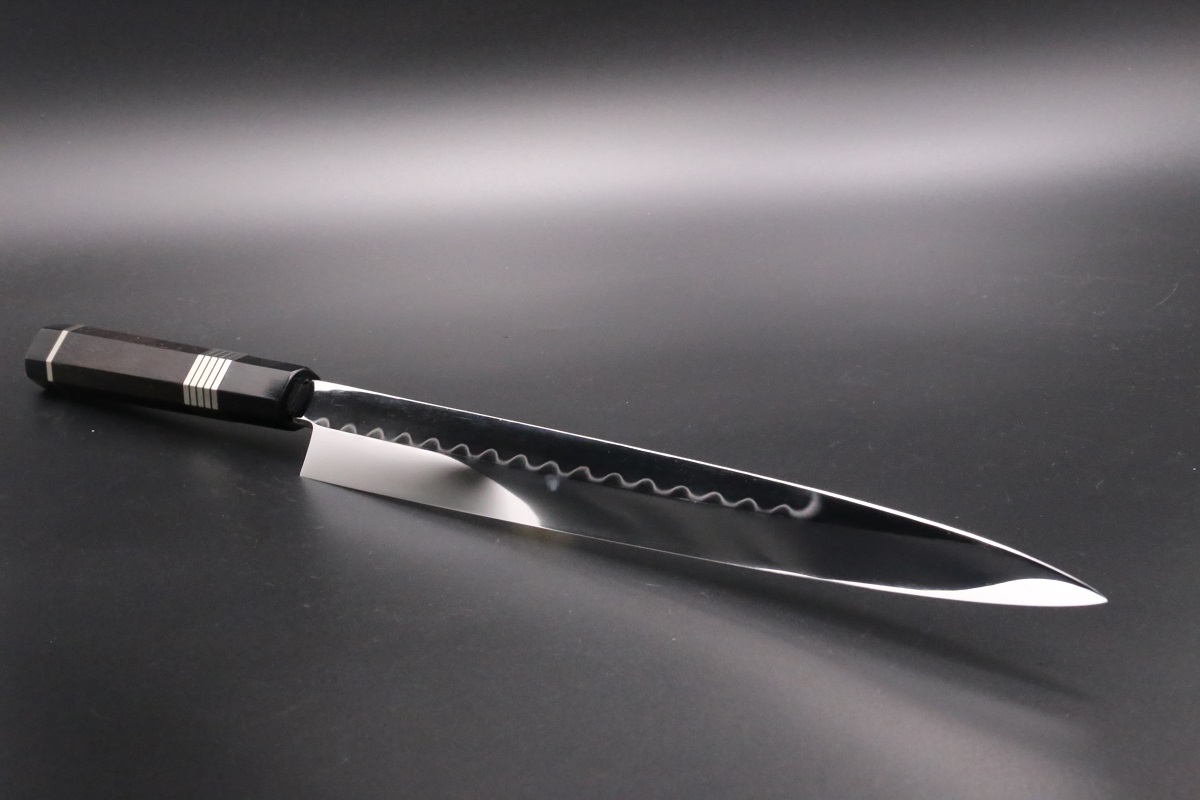 柳刃 白ニ鋼 330mm 水本焼 鏡面 波浮かし刃文 池田美和作（堺北辰