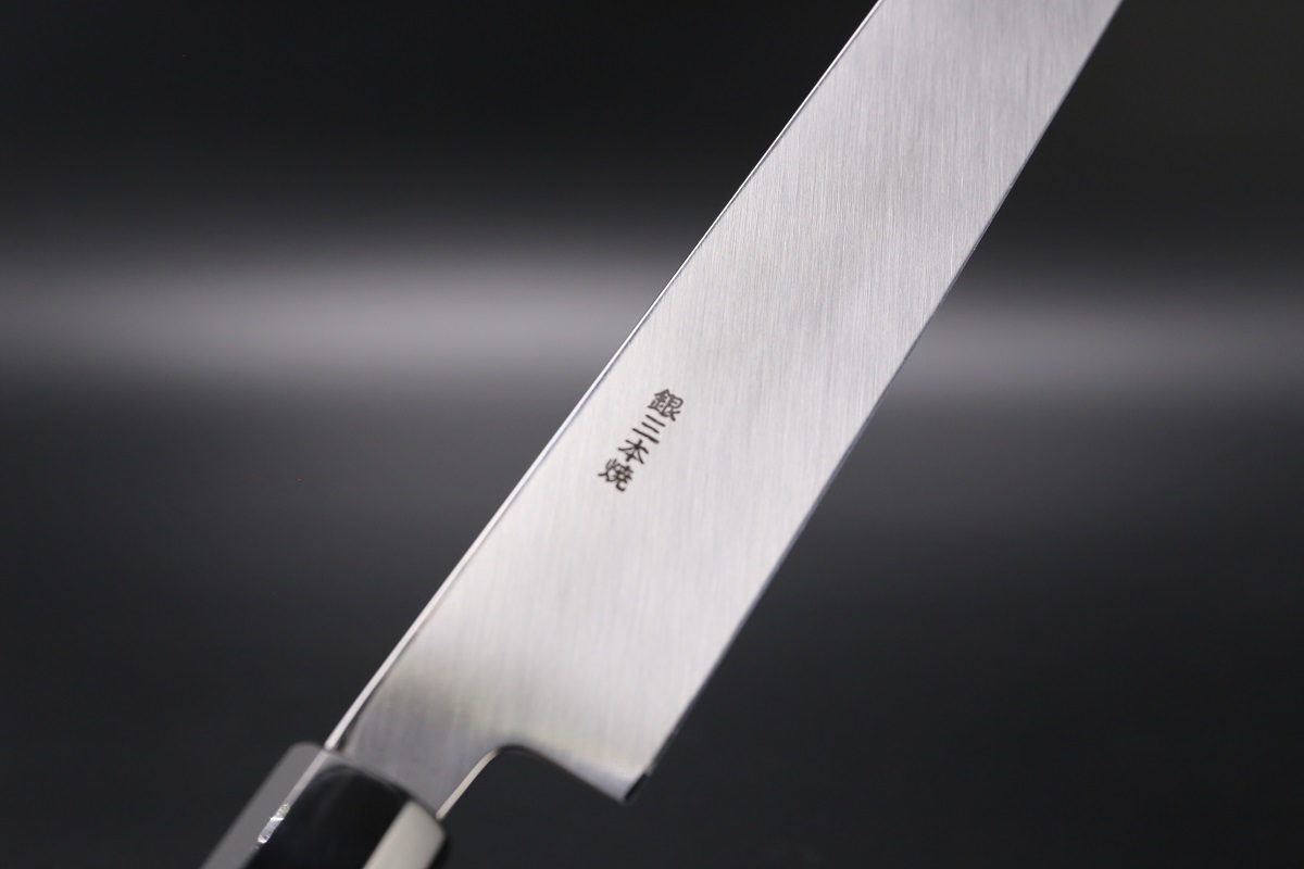 切付柳刃 銀三本焼 300mm 平鏡面 黒檀柄 鞘付き【左利き用】-歌舞伎ナイフ