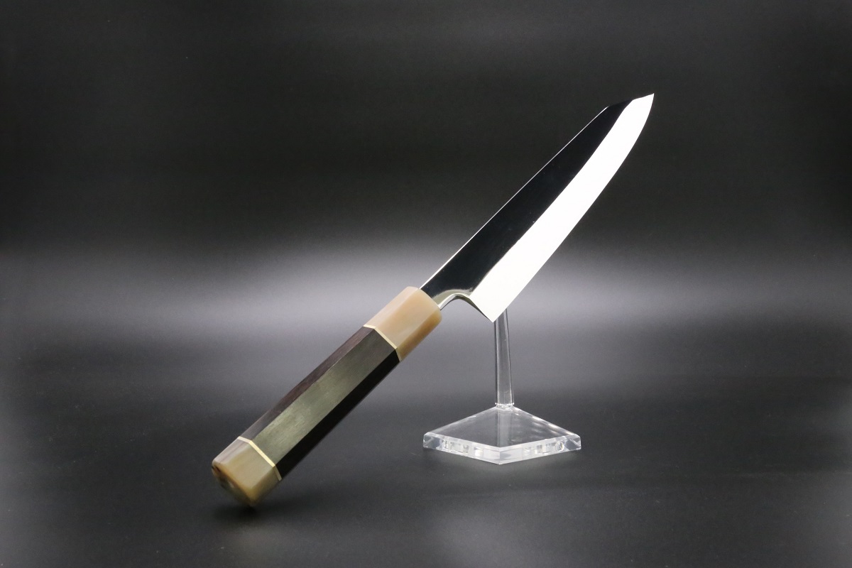 勘所切付 V金10号 210mm 両刃しのぎ有 全鋼本焼 全鏡面 黒檀柄-歌舞伎