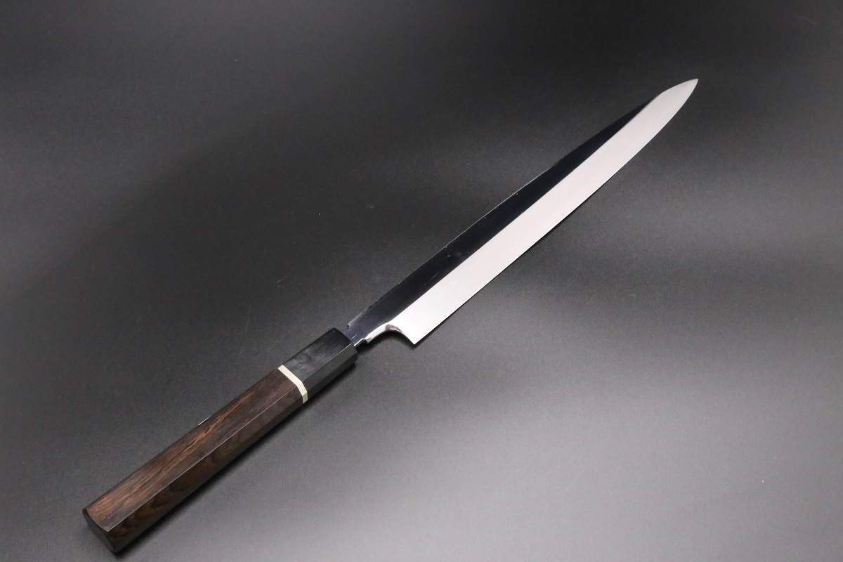かね惣 柳刃包丁 鏡面 刃渡り24cm 8寸 水牛柄 薄刃包丁 白鋼 霞 水牛