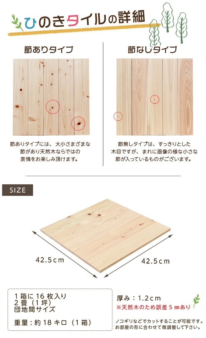 栃木県産檜使用 ひのきフロアタイル 節なし 2畳用 賃貸OKの通販情報