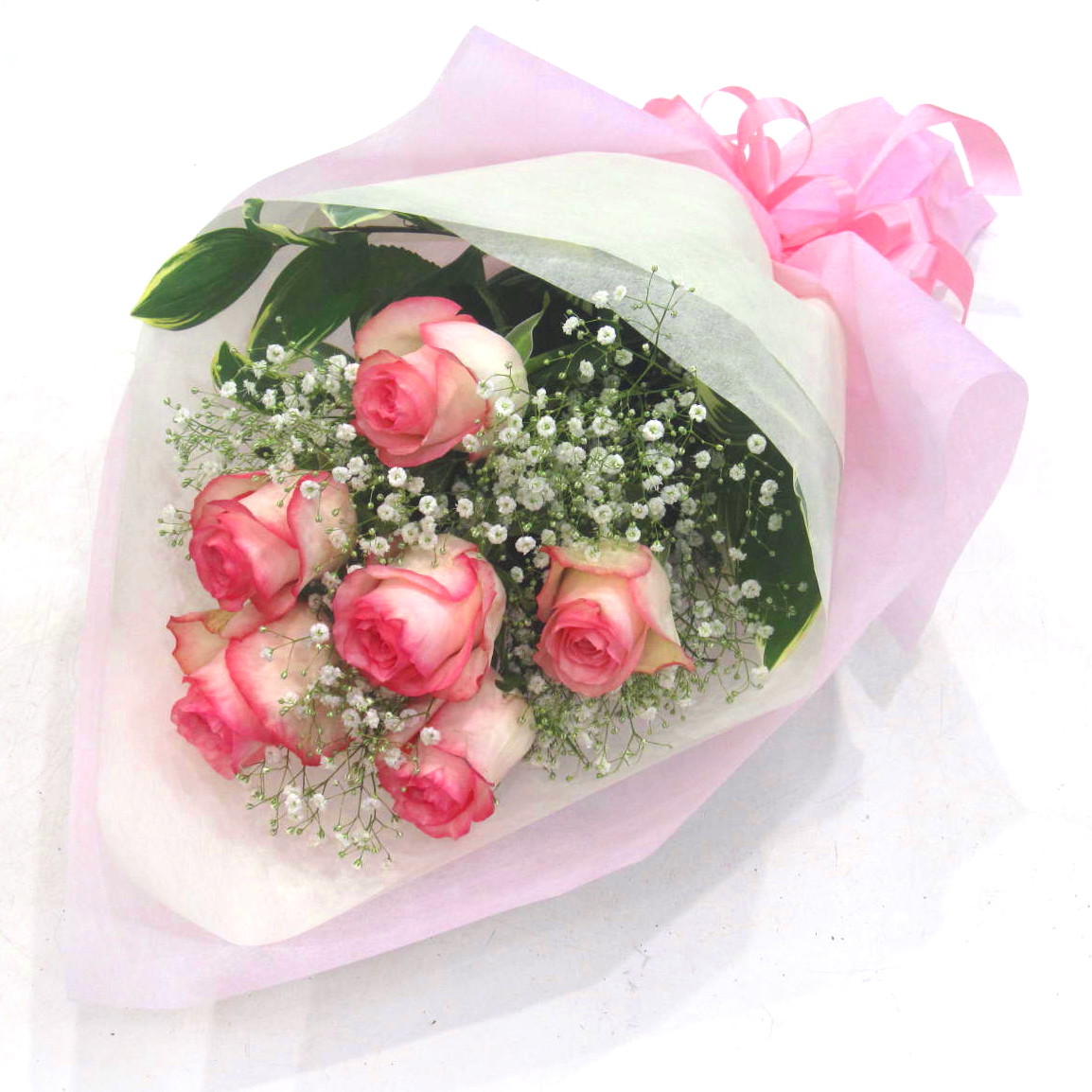 お誕生日・記念日のプレゼントに】ピンクバラ6本とかすみ草の花束