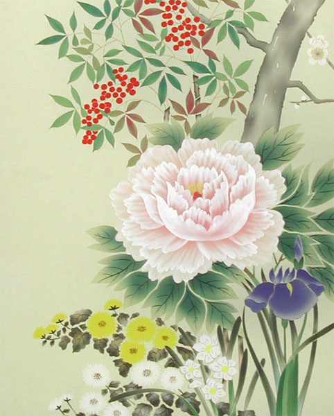 掛け軸 四季草花 （横山香秋） （掛軸小物なし） 送料無料 【掛軸