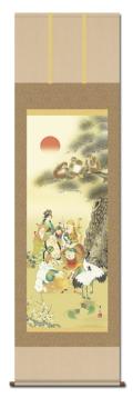 吉祥七福降臨図 長江桂舟 尺三 【特価 】！ 七福神 - 掛け軸（掛軸