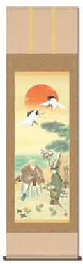 鶴亀三友福神図 遠山翠洋 尺五 日本製 開運画 - 掛け軸（掛軸）販売