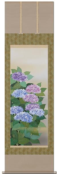 紫陽花に金魚】尾竹竹坡 2725 共箱 掛け軸 肉筆 アジサイ 紫陽花