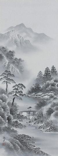 水墨山水 木村春渓 尺五【肉筆】！ 山水画 - 掛け軸（掛軸）販売通販