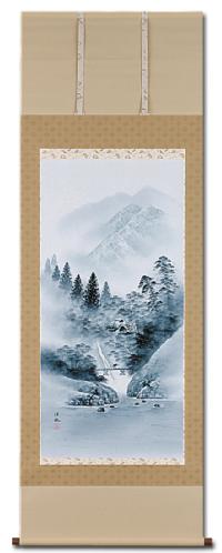 水墨山水 酒井渓水 尺八立 肉筆！ 山水画 - 掛け軸（掛軸）販売通販