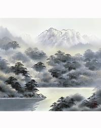 彩色山水】 雄峰水明 鈴村秀山 (尺五横) 山水画 - 掛け軸（掛軸）販売