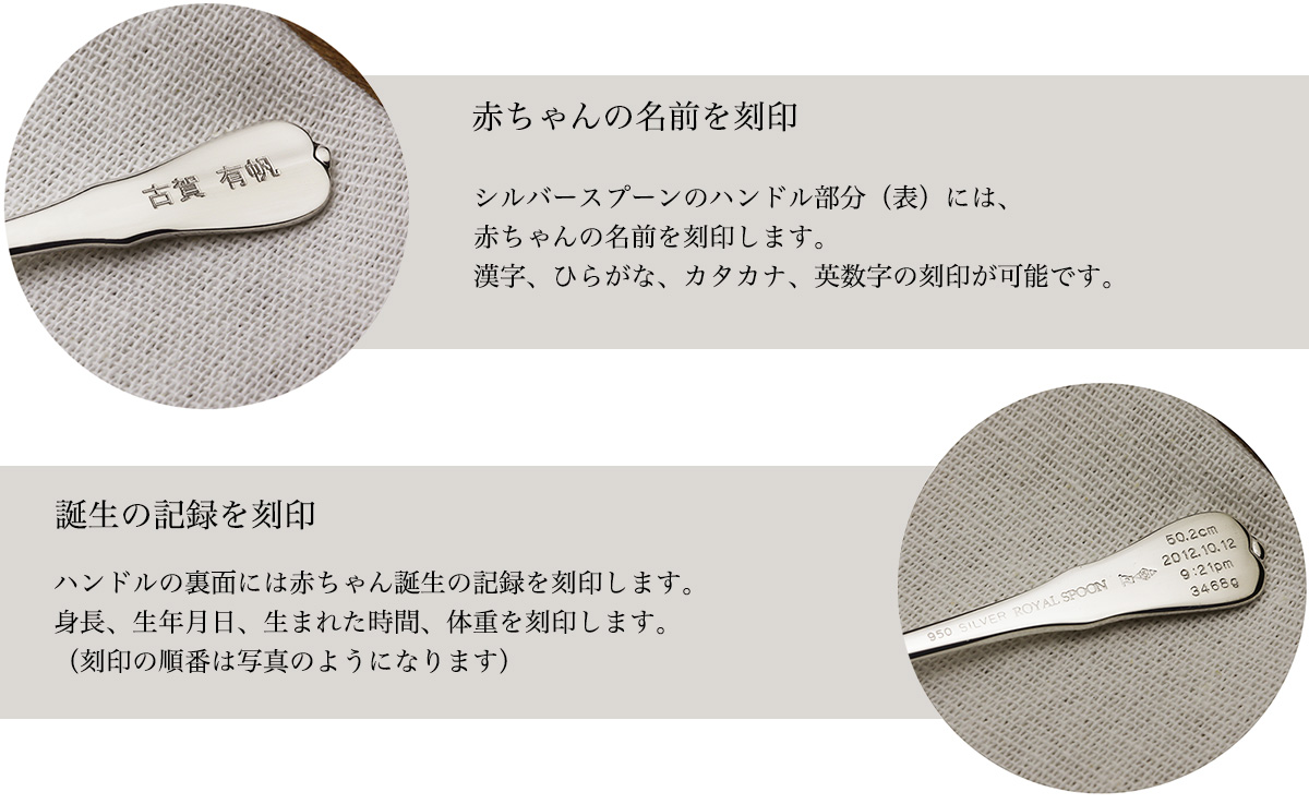 赤ちゃんの名前を刻印する命名プレートと名入れ銀スプーンセット