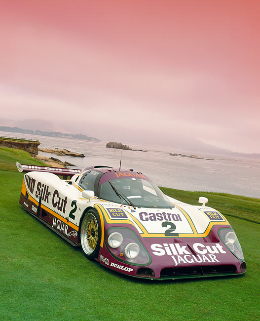 Silk Cut Jaguar XJR-9 Race Car 3/4 Front View On Grass Filtered Le