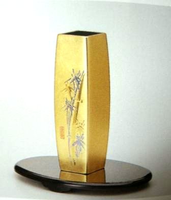 金沢金箔工芸品] 胴張花生け・花瓶「竹」／花台付（伝統工芸品／送料