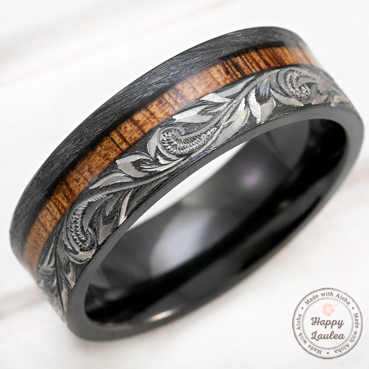 Black Zirconium Hand Engraved Ring [8mm width] Offset Koa Wood Inlay -