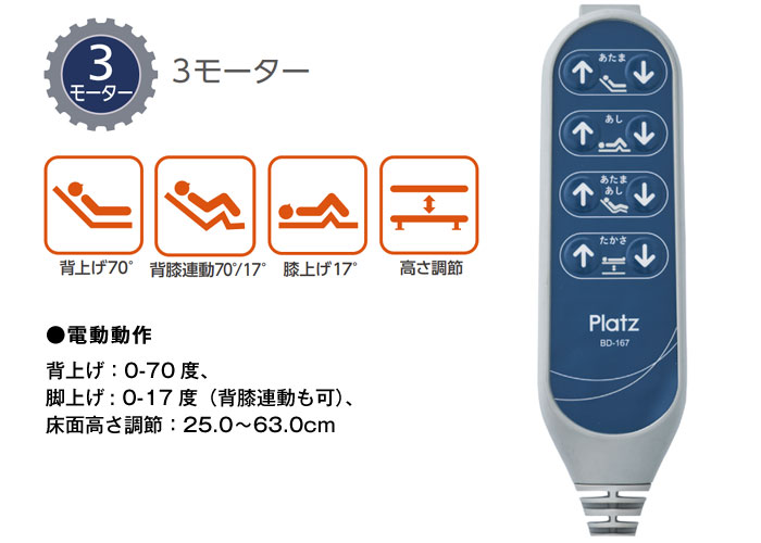 プラッツ】介護施設用 電動介護ベッド レイスト（3モーター／固定脚