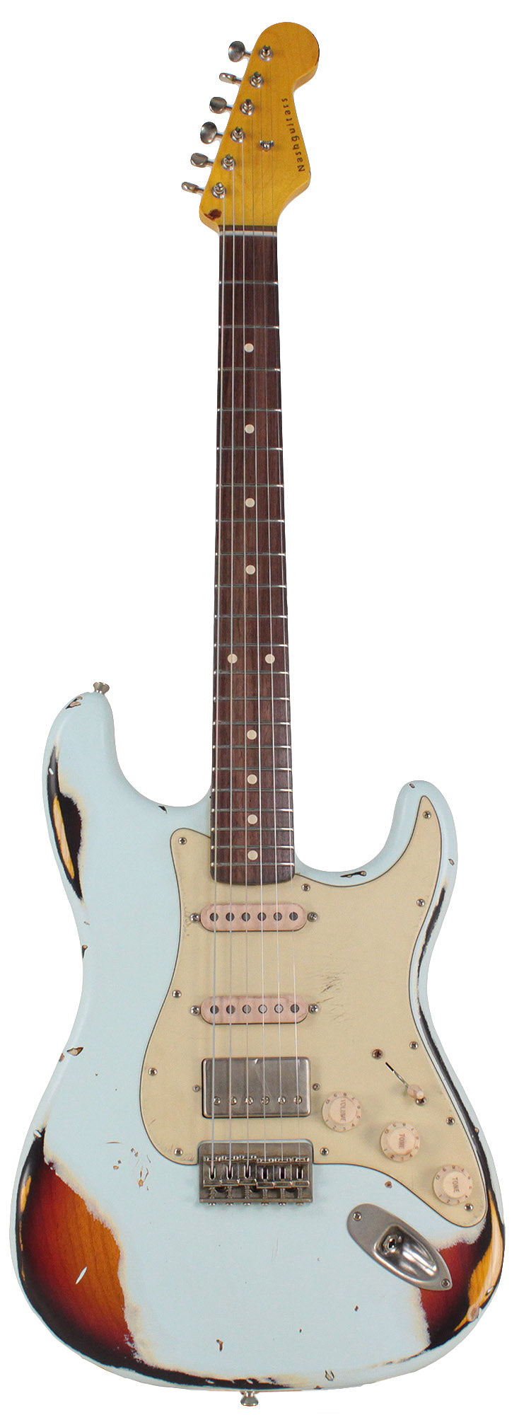 Nash S63 Guitar, Sonic Blue over 3 Tone Sunburst, Hardtail, HSS