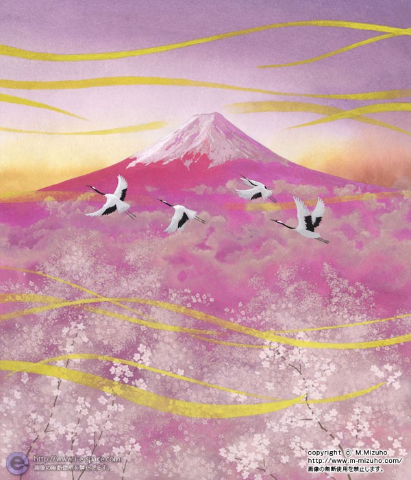 赤富士と桜 | 富士山と桜と和風とタンチョウと和風景のイラスト